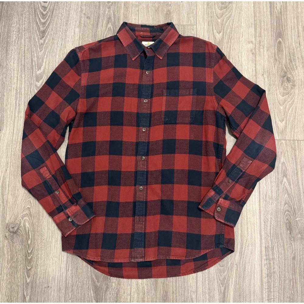 Marine Layer Red Black Buffalo Plaid Flannel Long Sleeve Mens Marge M/L Shirt